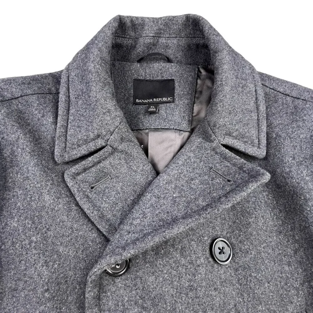 Banana Republic Double Breasted Pea Coat Men XL Gray Wool Blend Classic Jacket